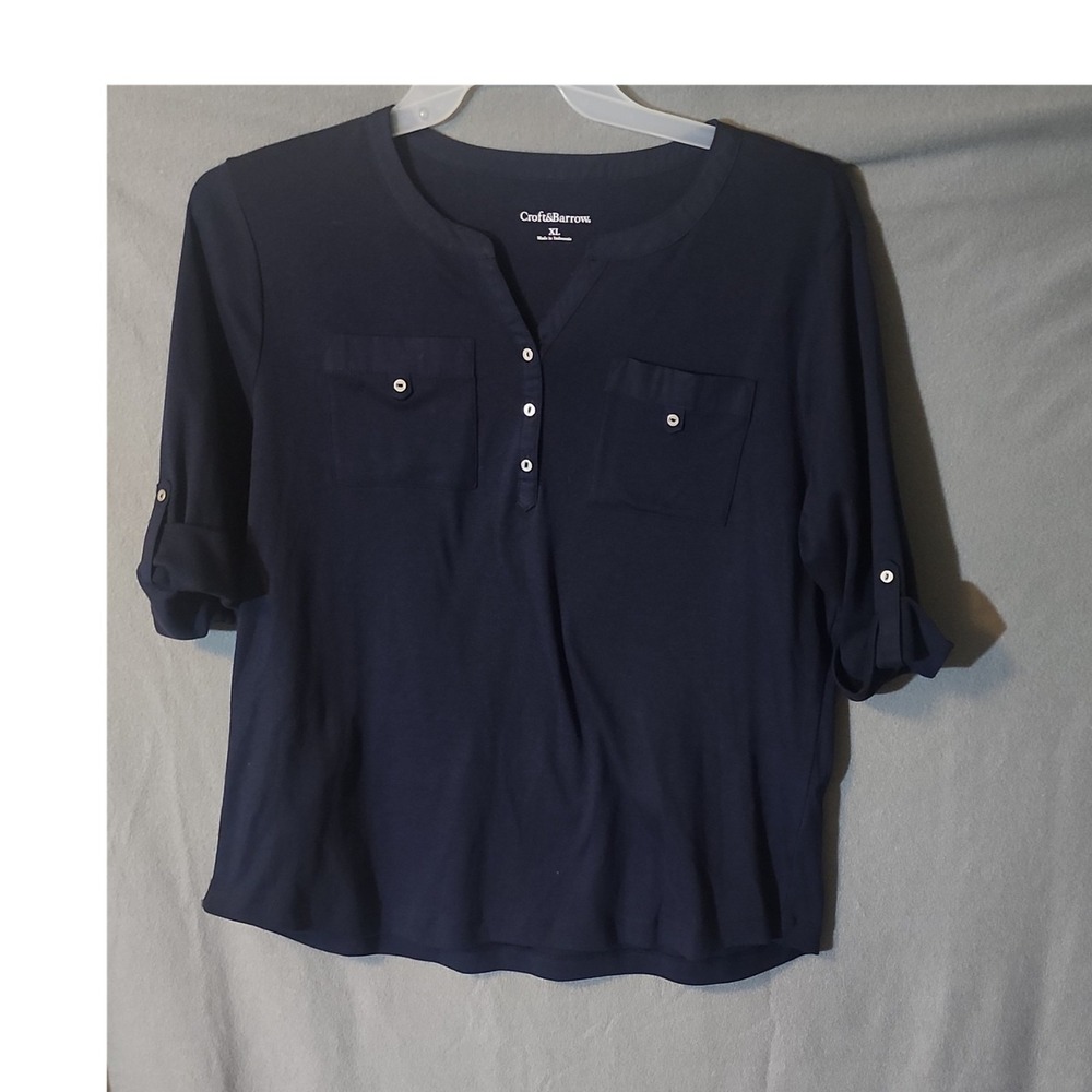 Croft & Barrow Navy Knit Button Henley Top XL Pocket 3/4 Roll Tab Sleeve